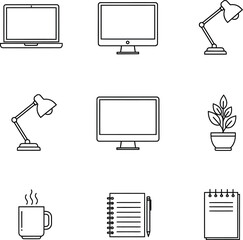 Workspace Essentials Line Icons Set - Office and Home Study Elements