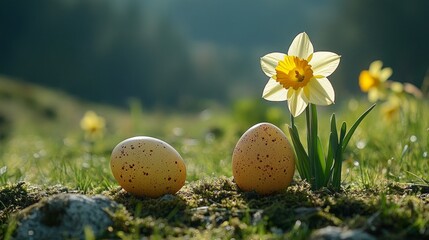 Spring flowers and Easter eggs on grass. Useful for spring holidays, card design and thematic articles.