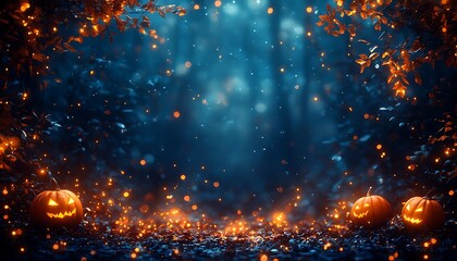 Three glowing jack o lanterns on a dark forest floor with bokeh lights halloween pumpkin