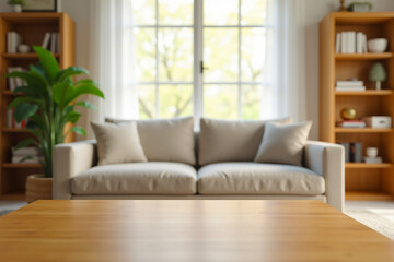 Fototapeta premium Cozy Living Room Interior, Beige Sofa with Shelves, Natural Light & Organic Decor