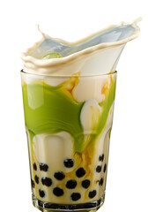 Abstract Photo Of Matcha Bubble Tea With Splashing Milk In A Glass