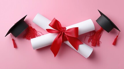 Graduation celebration with diplomas and caps on pink background
