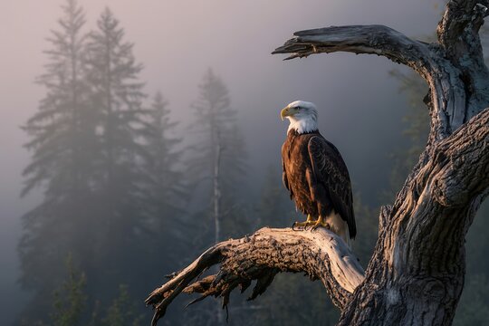 Majestic bald eagle perched on weathered branch against misty forest backdrop, creating a powerful symbol of freedom and American wildlife in serene nature