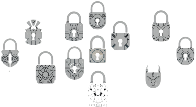 Abstract Illustration Of Multiple Gray Padlocks Isolated On Black Background