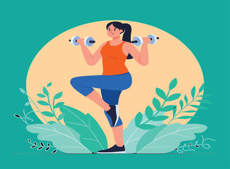 Active woman exercising with dumbbells, vector illustration of a fitness workout