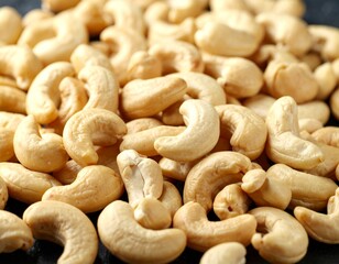 Fototapeta premium Close-up of cashews, showcasing their unique shape and inviting color ideal for themes of healthy snacks, vegan recipes, or wholesome ingredients. A collection of cashews, ready to be enjoyed 