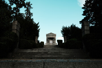 Frontal view of the Monument to the Unknown soldier Hero on Avala, with grand steps and statues...