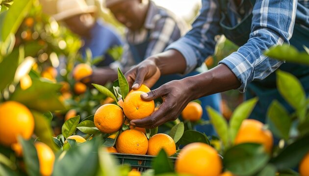 Close-up cinematic view of farm workers hand-picking ripe, juicy oranges in a vibrant orchard at golden hour. Dramatic lighting highlights the fresh harvest and hardworking hands amid natural beauty