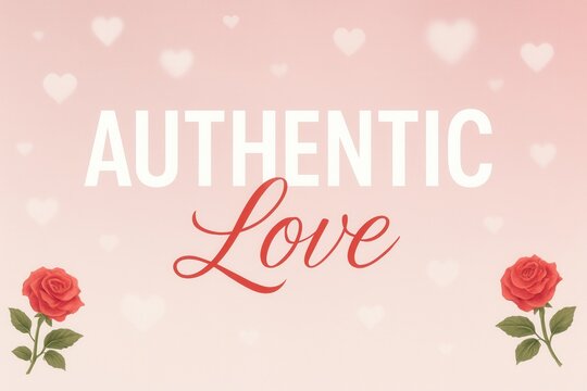 Romantic design with the text "Authentic Love" on a soft pink background featuring red roses and scattered white hearts, ideal for themes of love and relationships. - Powered by Adobe