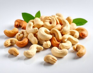 Fototapeta premium Close-up of cashews, showcasing their unique shape and inviting color ideal for themes of healthy snacks, vegan recipes, or wholesome ingredients. A collection of cashews, ready to be enjoyed 
