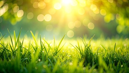 Obraz premium Vibrant Green Grass Field with Golden Sunlight and Bokeh Background