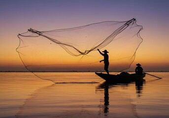 A silhouette of a fisherman casting a traditional net from a small boat in calm waters at sunrise or sunset, with the sky colored in dramatic shades of orange, purple, and blue.
