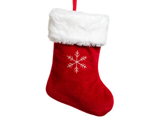  Classic Red Christmas Stocking with White Fur Trim, Front View, Transparent Background
