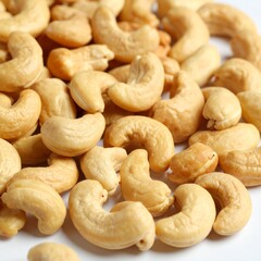 Fototapeta premium Close-up of cashews, showcasing their unique shape and inviting color ideal for themes of healthy snacks, vegan recipes, or wholesome ingredients. A collection of cashews, ready to be enjoyed 