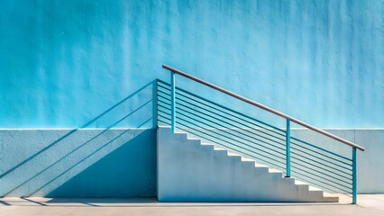 Fototapeta premium A modern white staircase with a blue handrail ascends against a vibrant blue wall, casting dramatic shadows