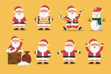 Set of flat vector Christmas illustrations. Cute Santa Clauses in different poses