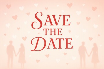 Romantic design with "Save the Date" text featuring silhouettes of a couple holding hands and soft pink hearts, ideal for wedding or engagement announcements.