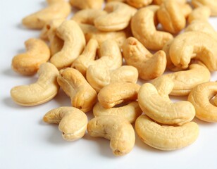 Close-up of cashews, showcasing their unique shape and inviting color ideal for themes of healthy snacks, vegan recipes, or wholesome ingredients. A collection of cashews, ready to be enjoyed 