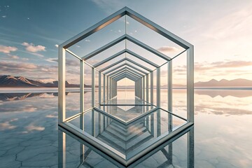 Geometric structure reflecting in tranquil water with distant mountains reflection