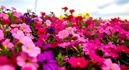 Fototapeta premium Vibrant pink and purple petunia flowers in full bloom under a cloudy sky image