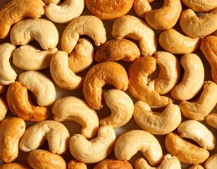 Close-up of cashews, showcasing their unique shape and inviting color ideal for themes of healthy snacks, vegan recipes, or wholesome ingredients. A collection of cashews, ready to be enjoyed 
