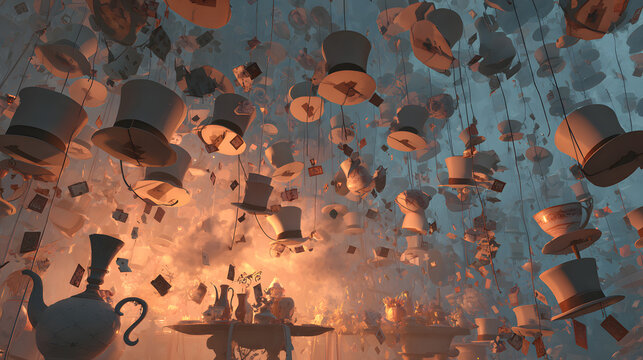 Whimsical floating top hats and teapots with playing cards in a surreal fantasy world