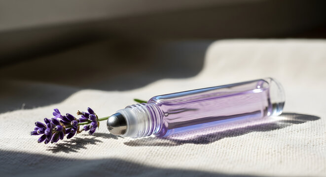 Lavender essential oil roller bottle with a sprig of lavender
