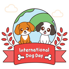 Two adorable cartoon puppies celebrating international dog day with a globe and festive ribbon illustration