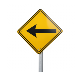 Bright yellow road sign indicating a left turn direction against a solid transparent background