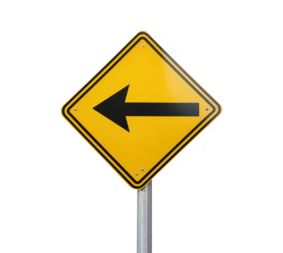 Bright yellow road sign indicating a left turn direction against a solid transparent background
