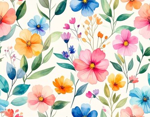 vibrant floral pattern with watercolor texture, seamless repeat, soft color palette