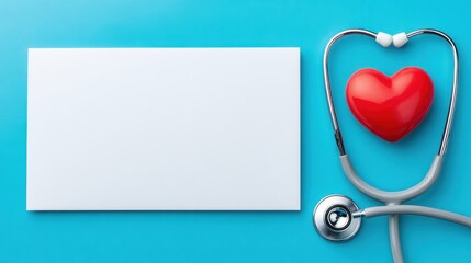 A grey stethoscope with a red heart rests on a blank white card against a solid blue background.