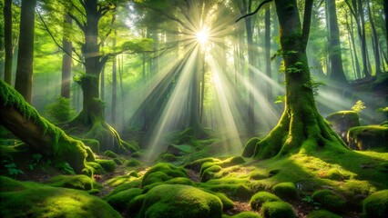 Fototapeta premium Golden sunlight beams through a lush green forest, illuminating mosscovered trees
