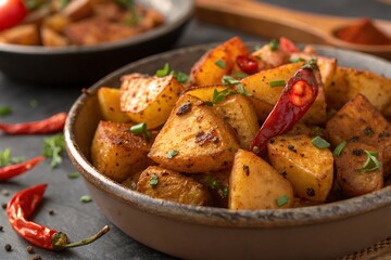 Golden brown crispy potato wedges with red chili peppers and herbs roasted potatoes