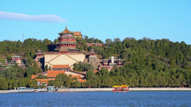 Scenery of the boat on Kunming Lake, Mansu Hill, and the Buddhist Incense Pavilion in the Summer Palace, Beijing, China