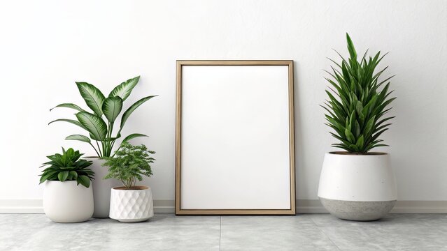 Minimal setup with single blank frame on white wall, styled with modern ceramic pots and lush green plants