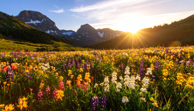 Vibrant Wildflower Field in Colorado Mountains at Golden Hour