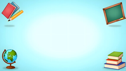 Educational concept background with various school supplies. Illustration includes a chalkboard, books, a globe, and a pencil for learning.