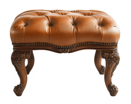 Classic brown leather ottoman with ornate wooden legs and tufted button detailing transparent background