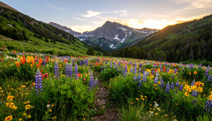 Colorado Alpine Meadow in Full Bloom with Snow-Capped Peaks