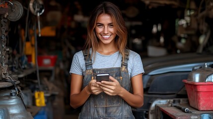 Woman mechanic using a phone in a garage.
