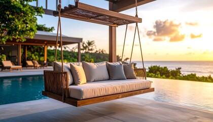 Fototapeta premium Luxurious Outdoor Swing Sofa by Infinity Pool at Sunset Overlooking Ocean Resort