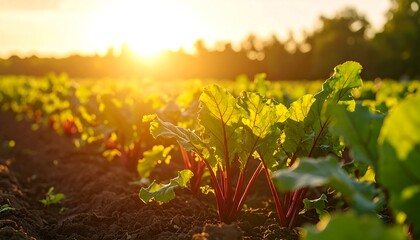 Vibrant Beet Plants Growing in a Sunlit Agricultural Field at Golden Hour