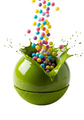 Abstract Photo Of Green Dessert Sphere With Falling Colorful Candy On Black Background