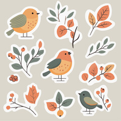 A charming sticker collection featuring autumn birds with leaves and berries, perfect for printable crafts, planners, and seasonal packaging accents