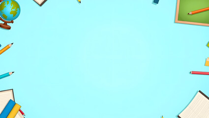 Creative back to school learning concept with a border of school supplies on a light blue background. Education template banner.