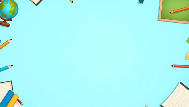 Creative back to school learning concept with a border of school supplies on a light blue background. Education template banner.