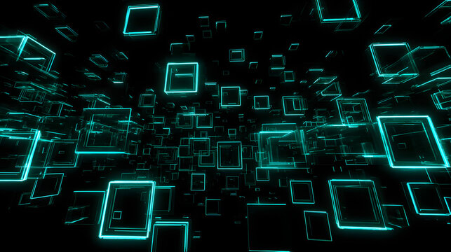 Glowing neon squares floating in glitchy 3d space with a matrix-style digital background
