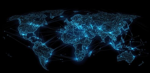 Global network map.  A world map with glowing connections and points of light, showing global interconnectedness.  The map is a stylized representation of the world's countries, 