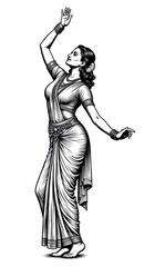 Energetic Indian classical dancer in a dynamic pose, flowing traditional dress, black and white illustrat